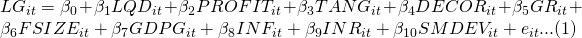 LG_{it}=\beta_{0}+\beta_{1}LQD_{it}+\beta_{2}PROFIT_{it}+\beta_{3}TANG_{it}+\beta_{4}DECOR_{it}+\beta_{5}GR_{it}+\beta_{6}FSIZE_{it}+\beta_{7}GDPG_{it}+\beta_{8}INF_{it}+\beta_{9}INR_{it}+\beta_{10}SMDEV_{it}+e_{it}...(1)