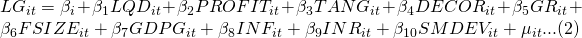 LG_{it}=\beta_{i}+\beta_{1}LQD_{it}+\beta_{2}PROFIT_{it}+\beta_{3}TANG_{it}+\beta_{4}DECOR_{it}+\beta_{5}GR_{it}+\beta_{6}FSIZE_{it}+\beta_{7}GDPG_{it}+\beta_{8}INF_{it}+\beta_{9}INR_{it}+\beta_{10}SMDEV_{it}+\mu _{it}...(2)