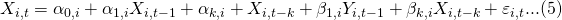 X_{i,t}=\alpha _{0,i}+\alpha _{1,i}X_{i,t-1}+\alpha _{k,i}+X_{i,t-k}+\beta_{1,i}Y_{i,t-1}+\beta _{k,i}X_{i,t-k}+\varepsilon _{i,t}...(5)